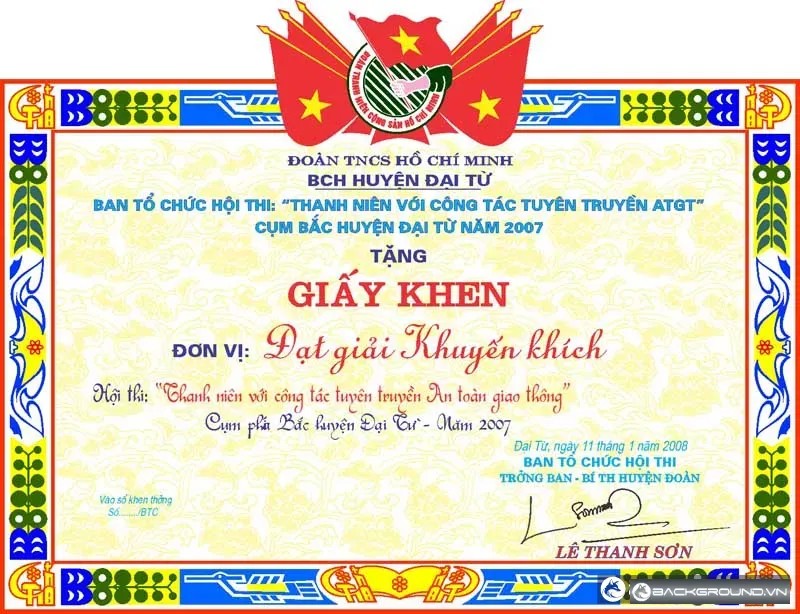 Giấy khen Đoàn TNCS HCM