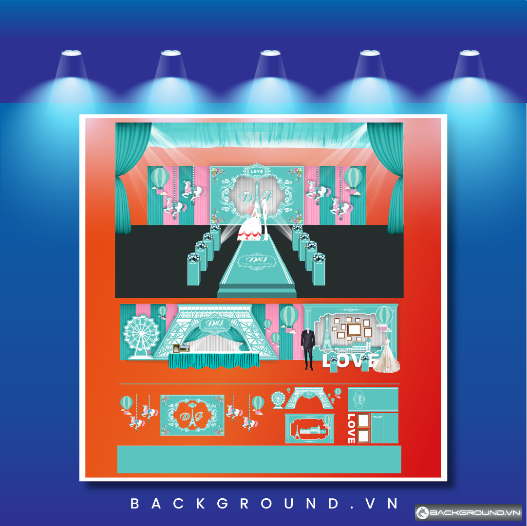 Backdrop cưới màu xanh mint phong cách lễ hội carnival hiện đại (83)