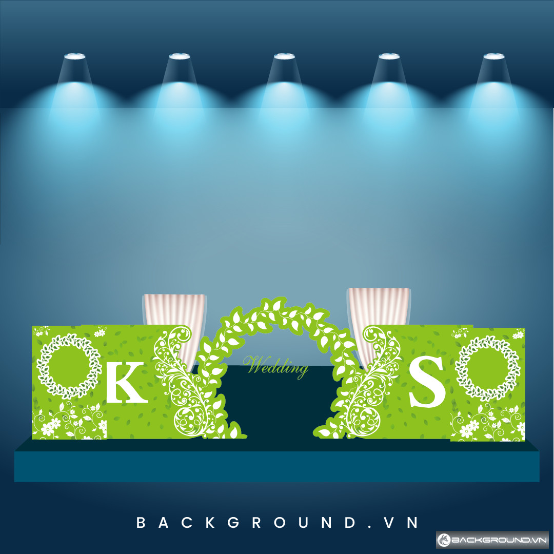 Backdrop cưới xanh lá hiện đại với họa tiết ren trắng và vòng lá nổi bật (85)