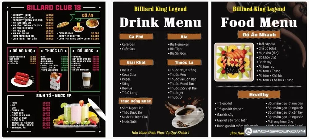 2+ Menu quán Bida
