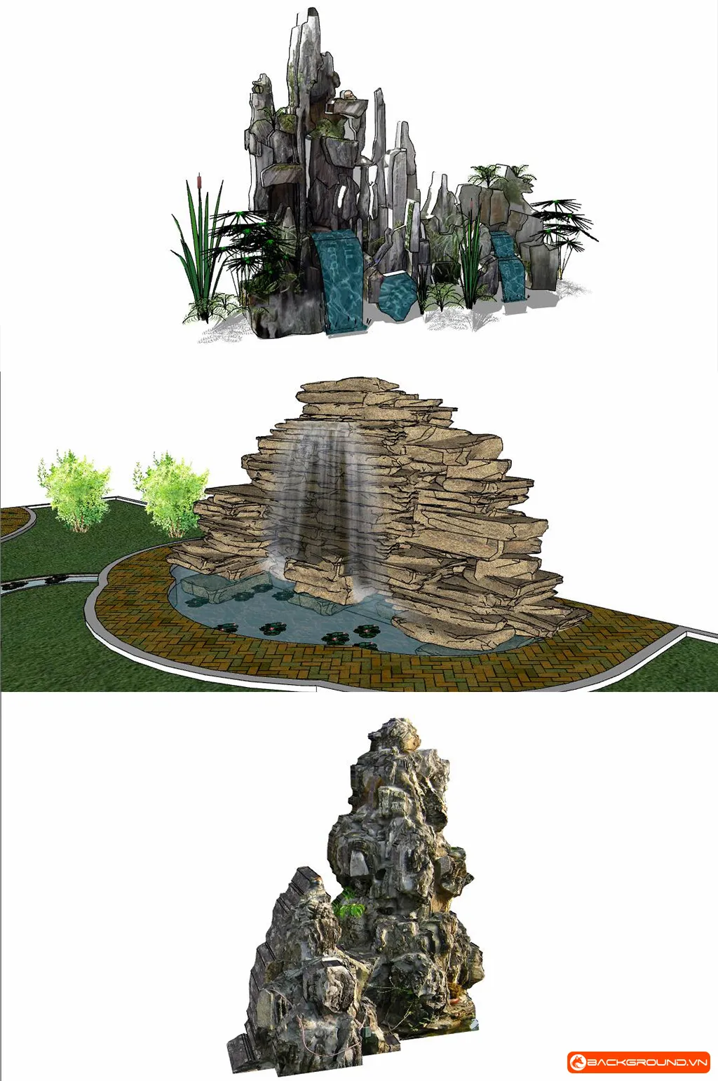 10+ Mô hình SU hòn non bộ - thác nước phong cảnh SketchUp