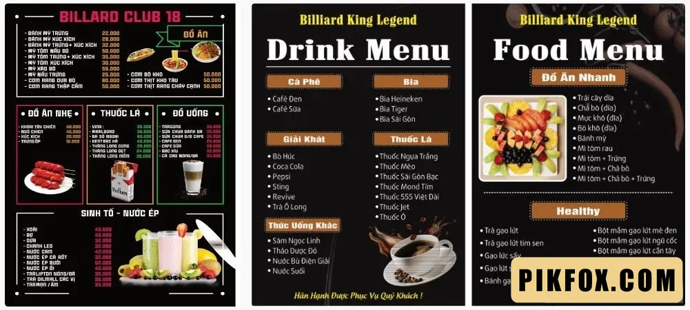 2+ Menu quán Bida