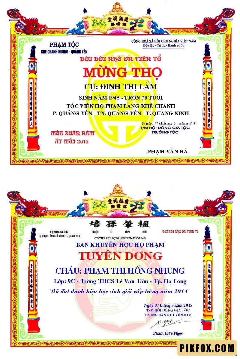 Giấy khen các dòng họ