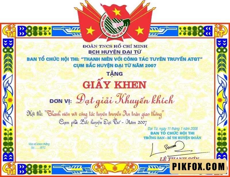 Giấy khen Đoàn TNCS HCM